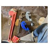 Husky 14 Inch Pipe Wrench, Moore Drop Forging Co. Pipe Wrench and Two Tube Cutters Including Blue and Gray Models