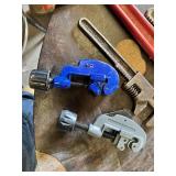 Husky 14 Inch Pipe Wrench, Moore Drop Forging Co. Pipe Wrench and Two Tube Cutters Including Blue and Gray Models