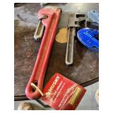 Husky 14 Inch Pipe Wrench, Moore Drop Forging Co. Pipe Wrench and Two Tube Cutters Including Blue and Gray Models