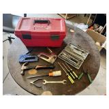 Assorted Hand Tools with Toolbox and Socket Set including Stanley Screwdrivers, Pliers, and Hammer