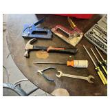 Assorted Hand Tools with Toolbox and Socket Set including Stanley Screwdrivers, Pliers, and Hammer