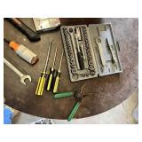 Assorted Hand Tools with Toolbox and Socket Set including Stanley Screwdrivers, Pliers, and Hammer