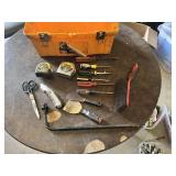 Mixed Hand Tools including Stanley Tape Measures, Screwdrivers, Pry Bar and Utility Knife
