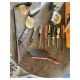 Mixed Hand Tools including Stanley Tape Measures, Screwdrivers, Pry Bar and Utility Knife