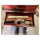 Metal Tool Chest with Tools including screwdrivers, hammers, saws, measuring tapes, and brushes