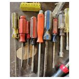 Various brand screwdrivers, bits, and hand tools