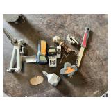 Digital Tape Measure, Stud Finder, and Assorted Tools including Bike Hand Tool and Power Adapter