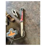 Digital Tape Measure, Stud Finder, and Assorted Tools including Bike Hand Tool and Power Adapter