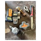 Digital Tape Measure, Stud Finder, and Assorted Tools including Bike Hand Tool and Power Adapter