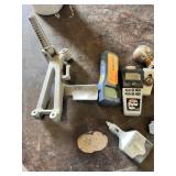 Digital Tape Measure, Stud Finder, and Assorted Tools including Bike Hand Tool and Power Adapter