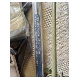 Shower curtain rods, curtain, and accessories including adjustable rods and shower curtain set