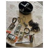 Miscellaneous Hardware Tools Including Husky Socket Wrench, Clamps, Carabiners, Stacker Tool Caddy and Hooks
