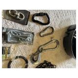 Miscellaneous Hardware Tools Including Husky Socket Wrench, Clamps, Carabiners, Stacker Tool Caddy and Hooks