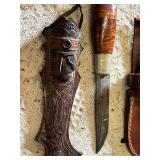 Vintage Hunting Knives and Leather Sheaths Including Germany-Made Pieces
