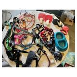 Various pet accessories including leashes, harnesses, and training tools, with dog-related supplies such as pee pads