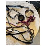 Dog care items including pet carrier, leashes, collars, bowls, and booties