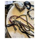 Dog care items including pet carrier, leashes, collars, bowls, and booties