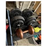 Fitness Equipment Lot including Dumbbells, Kettlebell, Resistance Bands, and Training DVDs