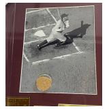 Babe Ruth Custom Framed Baseball Piece w/ Game Used Bat Saw Dust and COA, Gold Card, and Custom Plaque
