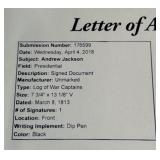 Andrew Jackson Hand Written Word Custom Framed Piece w/ Copt of JSA Letter of Authentication - From a Signed "Log of War Captains" Document