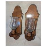 Vintage wooden wall sconces, floral glass (2)