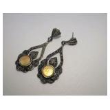 Sterling Silver Earrings Marcasite accents with a bezel-set yellow center stone