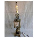 Vintage table lamp, Hollywood Regency style lantern lamp,brass-plated metal and clear crystal accents
