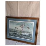 Framed color lithograph featuring Canvasback ducks in flight, titled "Rough Water - Canvasbacks", artist Maynard Reece