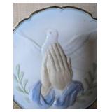 Vintage ceramic decorative plate features a 3D praying hands and dove design