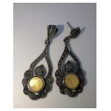 Sterling Silver Earrings Marcasite accents with a bezel-set yellow center stone