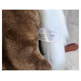 Vintage Sound N Light plush rocking horse features a brown and white pinto design with a wooden base, works