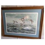 Framed color lithograph featuring Canvasback ducks in flight, titled "Rough Water - Canvasbacks", artist Maynard Reece