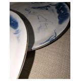 Crate of (45) Anthropologie stoneware plates blue and white marble pattern, gold rim