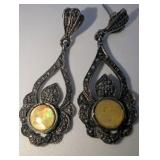 Sterling Silver Earrings Marcasite accents with a bezel-set yellow center stone