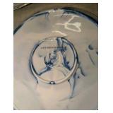 Crate of (45) Anthropologie stoneware plates blue and white marble pattern, gold rim