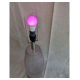 At Home x Grace Mitchell Ribbed Glass Table Lamp with a distinctive pink textured base, pink led lightbulb