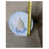 Vintage ceramic decorative plate features a 3D praying hands and dove design