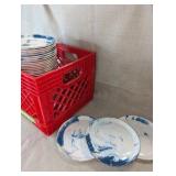Crate of (45) Anthropologie stoneware plates blue and white marble pattern, gold rim