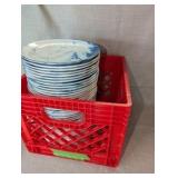Crate of (45) Anthropologie stoneware plates blue and white marble pattern, gold rim