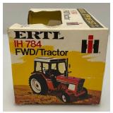 Two Vintage ERTL Toys Die Cast Miniature Tractors 1= 1/64 Scale 4-Wheel Drive Tractor 1= 1/32 Scale IH FWD/ Tractor In Original Box