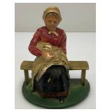 Vintage Heavy Cast Iron Old Woman On Bench Door Stop 3" x 4" x 5"