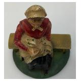 Vintage Heavy Cast Iron Old Woman On Bench Door Stop 3" x 4" x 5"
