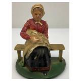 Vintage Heavy Cast Iron Old Woman On Bench Door Stop 3" x 4" x 5"