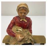 Vintage Heavy Cast Iron Old Woman On Bench Door Stop 3" x 4" x 5"