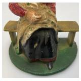 Vintage Heavy Cast Iron Old Woman On Bench Door Stop 3" x 4" x 5"