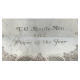 Large Silver Plated Heavy Platter With Engraving "T.C. Minute Men 1972 Player of The Year" 20" x 30"