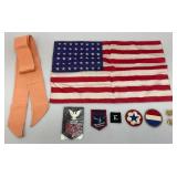 Misc. Military Medals, U.S. Flag And More Including Silk 48 Star US Flag 11" x 17 1/2"