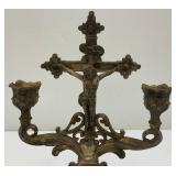 Antique/Vintage Catholic Viaticum Sick Call/Last Rites Silver Plated Pewter Travel Cucifix, Candlestick Holder 10 1/2" Tall