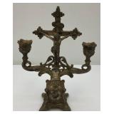Antique/Vintage Catholic Viaticum Sick Call/Last Rites Silver Plated Pewter Travel Cucifix, Candlestick Holder 10 1/2" Tall
