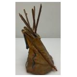 Miniature Antique Glacier Park Buck Skin Tee-Pee 7 1/2" Tall (Has Cracks And Missing Pieces But Is Still Awesome